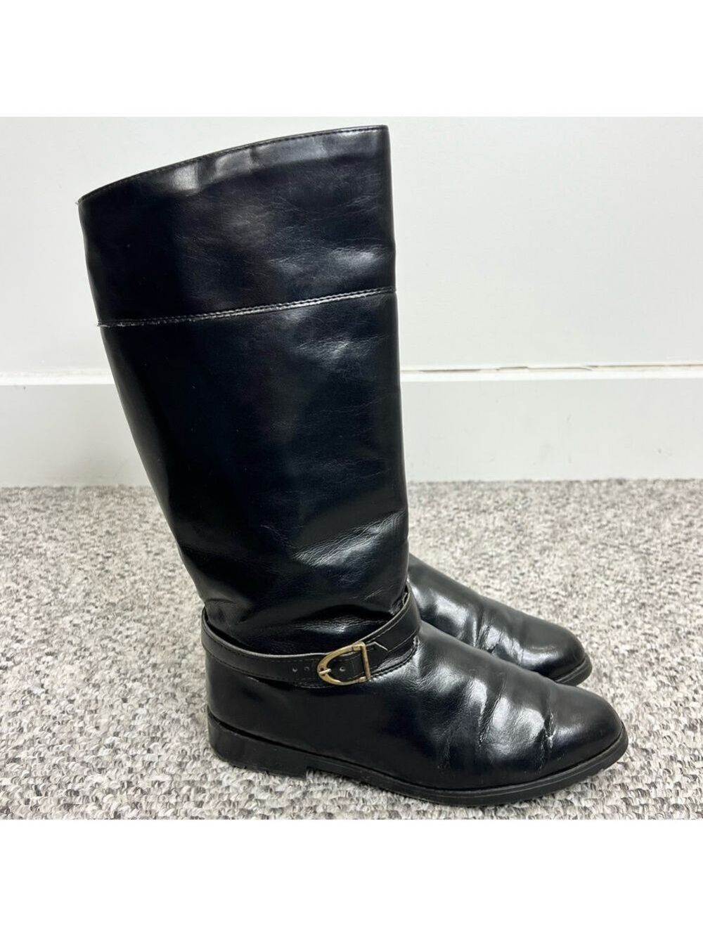 Vintage minimalist tall black vegan leather fleece lined flat boots 10 - Picture 4 of 15